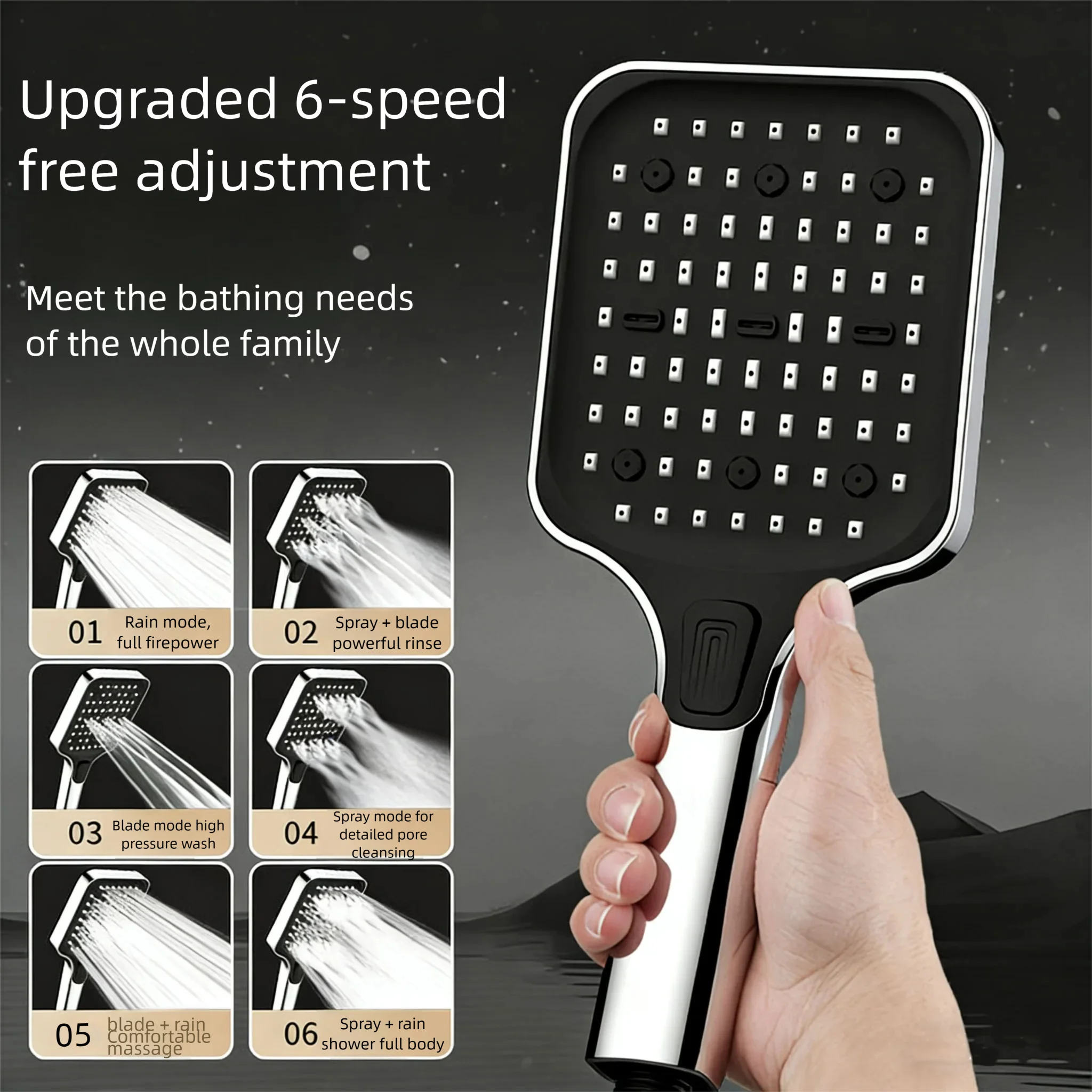 

6 Modes Adjustable Big Panel Shoewer Head Large water output High Pressure One-click Water Stop Shower Faucet Bathroom Accessory