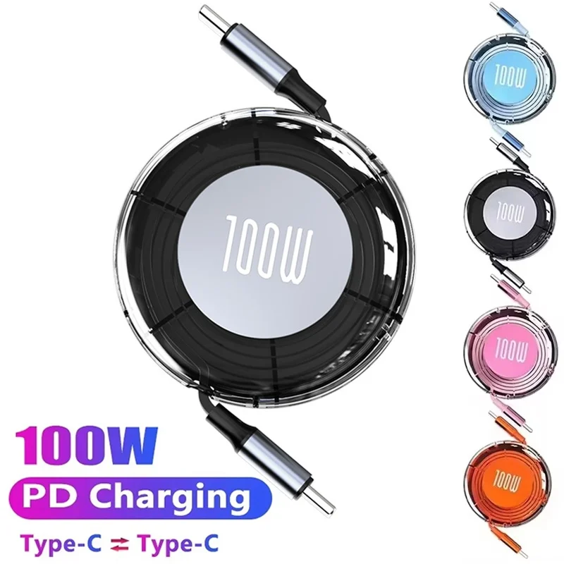 PD 100W USB C Retractable Data Cable USB Type C to Type C Fast Charging Cord USB C to USB C Cable For iPhone iPad MacBook Laptop