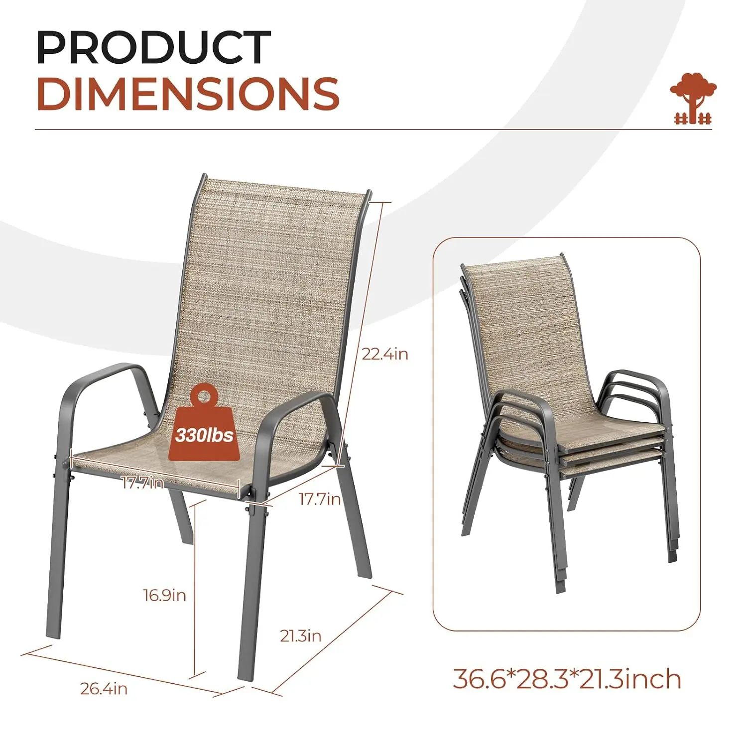 Patio Chair, Outdoor Stackable Textilene Chairs Set of 4, Brown, Customized