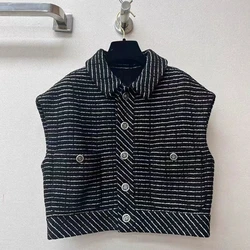 Striped Tweed Vest for Women, Designer Puffer Vest, Luxury Clothes, Brand Tank Tops, Fashion, Autumn, Winter, 2023