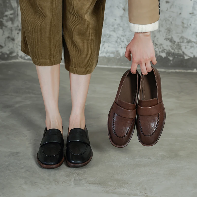 2026 new spring autumn women pumps natural leather 22-25 cm washed cowhide+sheepskin+pigskin round toe women shoes loafers