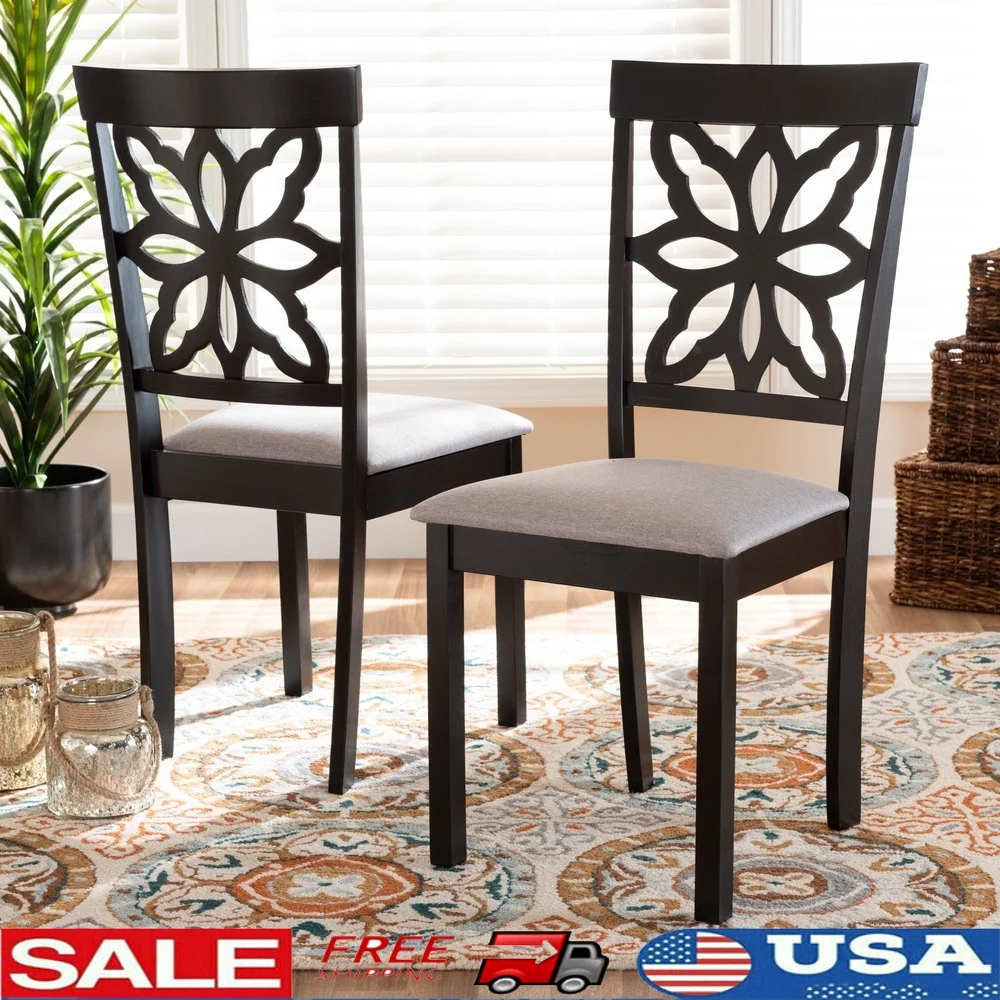 

Modern Upholstered Dining Chair Set of 2 Soft Fabric Foam Padded Cut-Out Back Design Dark Brown Wood Indoor Assembly Required