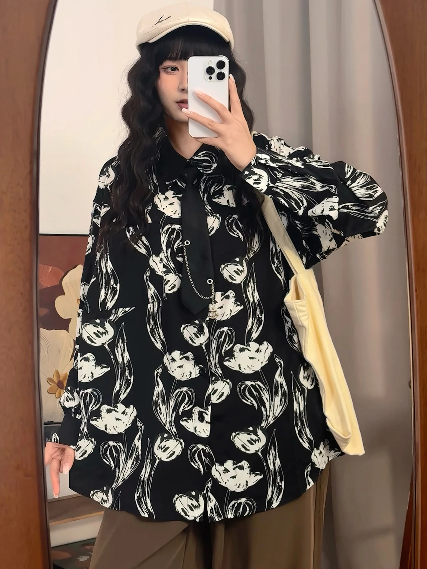 

Оригинальный американский ретро цветочный длинный све irt женский свободный утягивающий топ модный уличный повседневный костюм из полиэфирного волокна