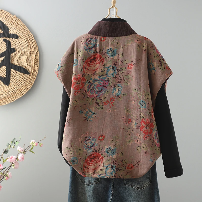 เสื้อกั๊กผ้าฝ้ายสไตล์จีนย้อนยุค ป้องกันริ้วรอย ระดับไฮเอนด์ สำหรับฤดูหนาว ลายพิมพ์ อบอุ่น ทรงหลวม พร้อมแผ่นรองไหล่