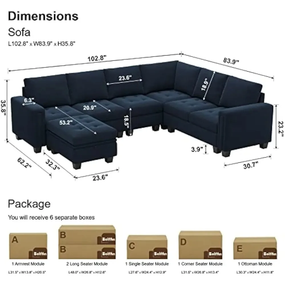 Velvet Modular Sectional Sofa with Storage Ottoman 6 Seater L Shaped Sectional Modular Sofa Couch with Sectional Couch,Blue