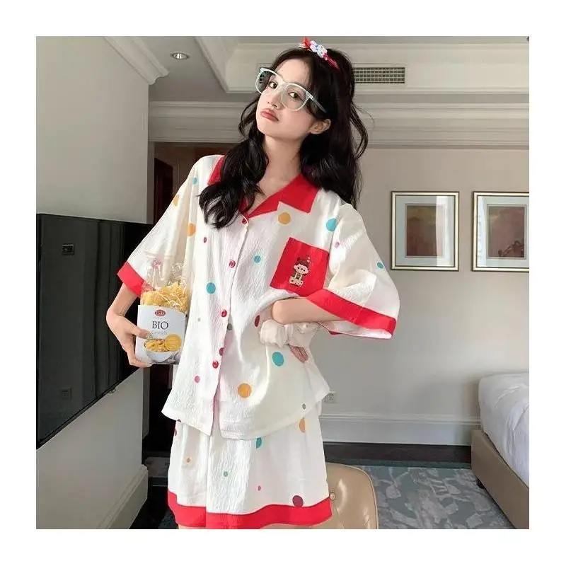 Korean Contrasting Polka Dot Pajamas for Women, Sweet and Cute Cartoon Printed Short Sleeved Set, Comfortable and Loose Home