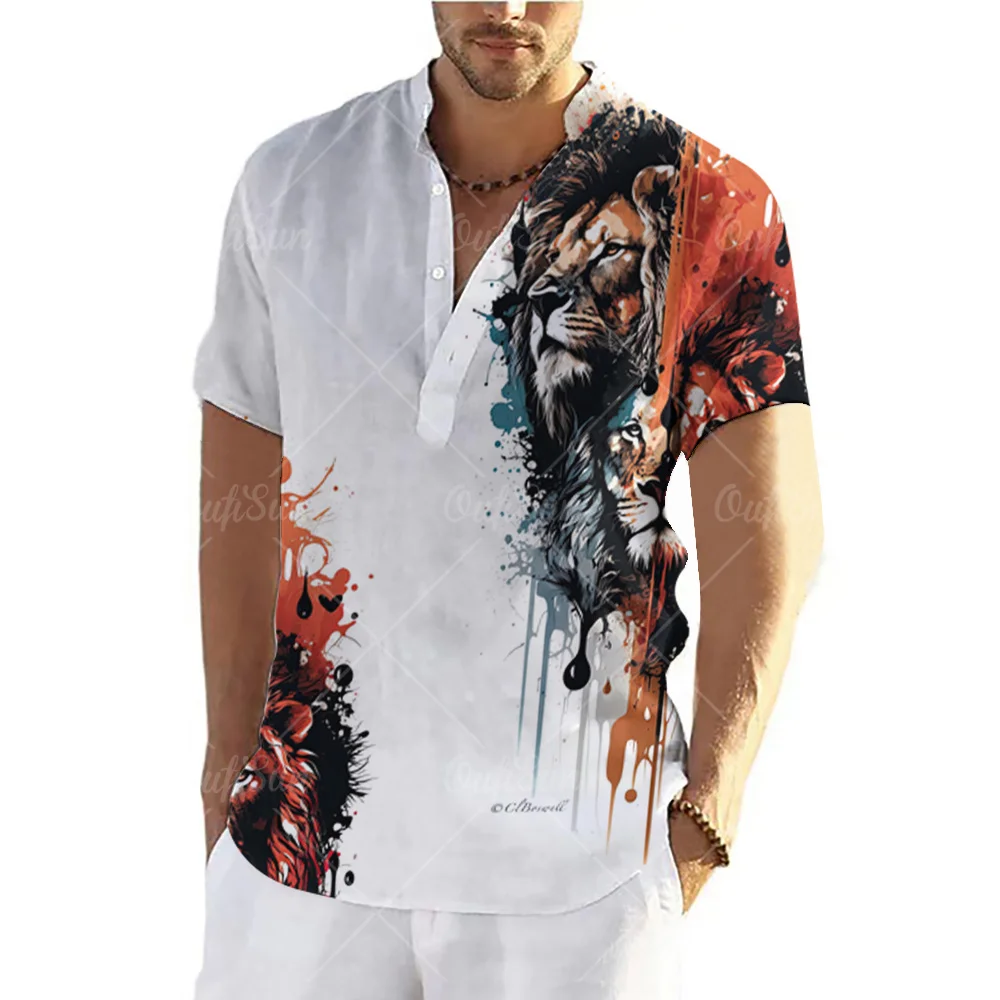 Lion Shirt Men\'s T-shirts Short Sleeve Tops Animal Graphic Clothing Streetwear V-Neck Pullovers Summer For Male Shirt Tees 2023