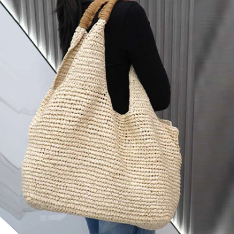 Large Capacity Straw Tote Bag Beach Shoulder Bag Casual Travel Soft Oval Shape Double Strap Vintage Women's Handbag