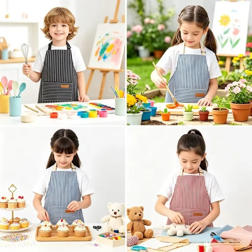 Adjustable Neck Children's Halter Neck Apron Striped Pattern Japanese Style Cooking Apron Cotton Linen Handicraft Class Apron