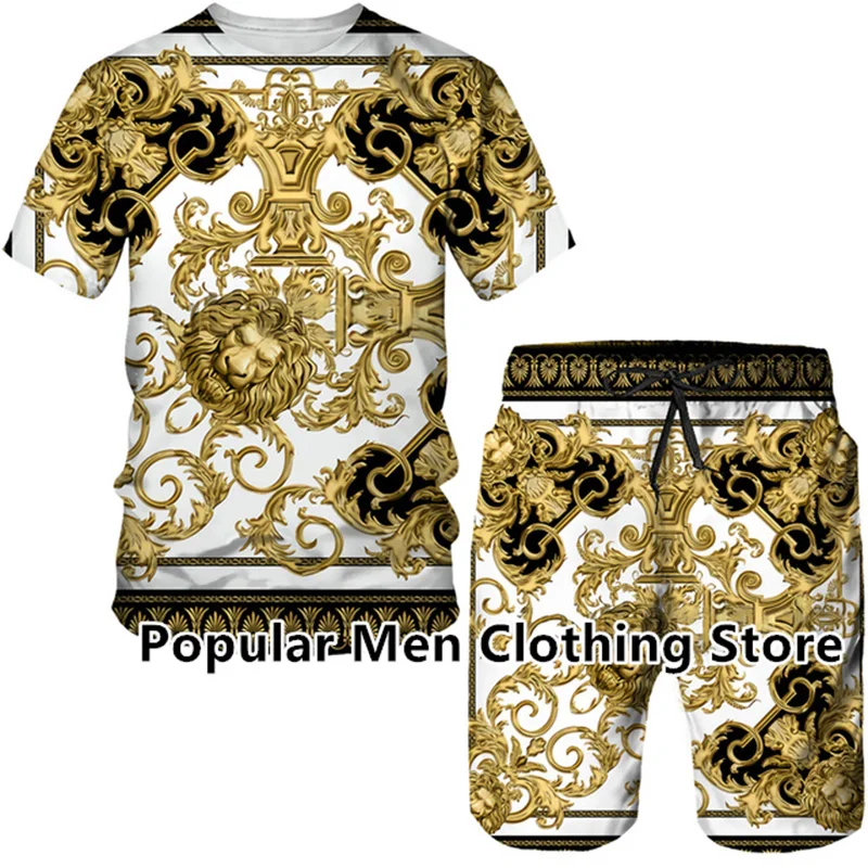 Summer Men's Tracksuit Golden Lion Statue Pattern 3D Print Short Sleeve T Shirt Shorts Suit Baroque Style Hip Hop Streetwear Set