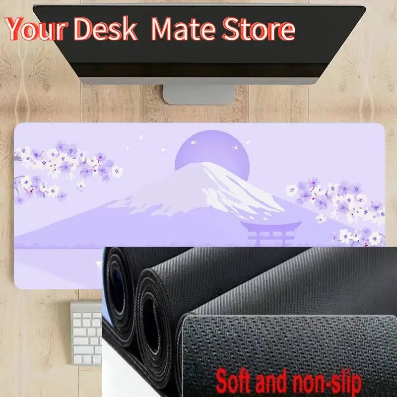 Lila Fuji Sakura Mauspad, großes Computer-Büro-Spiel-Tischmatten, XXL-Gummi, rutschfeste Gaming-Tastatur-Mauspads, lange Schreibtischunterlagen