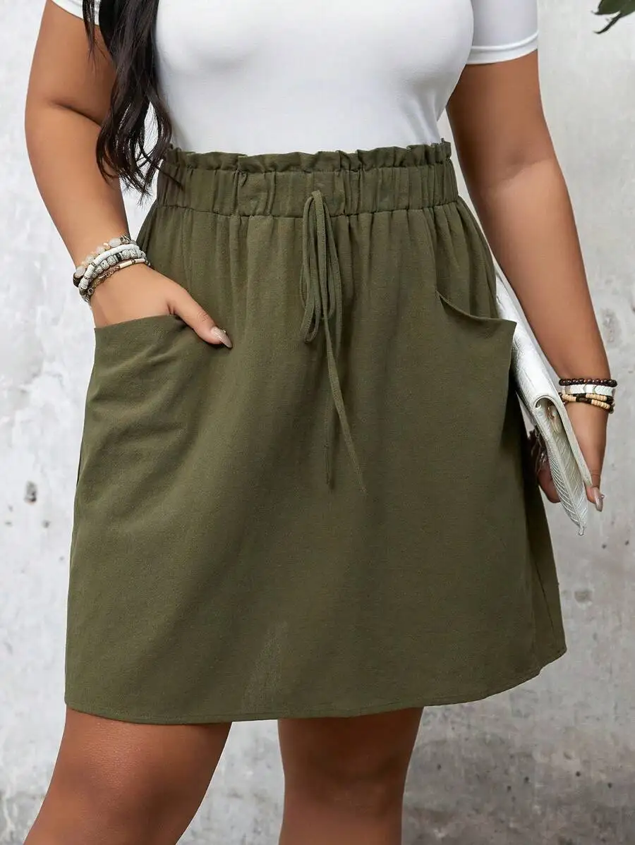 

Olive Green A-Line Skirt with Elastic Waist and Front Pockets
