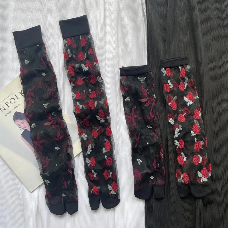 Ultra-Thin Transparent Woman Split Toe Socks Summer Crystal Silk Rose Red Floral Hollow Out Sheer Two-Toed Japanese Tabi Sox
