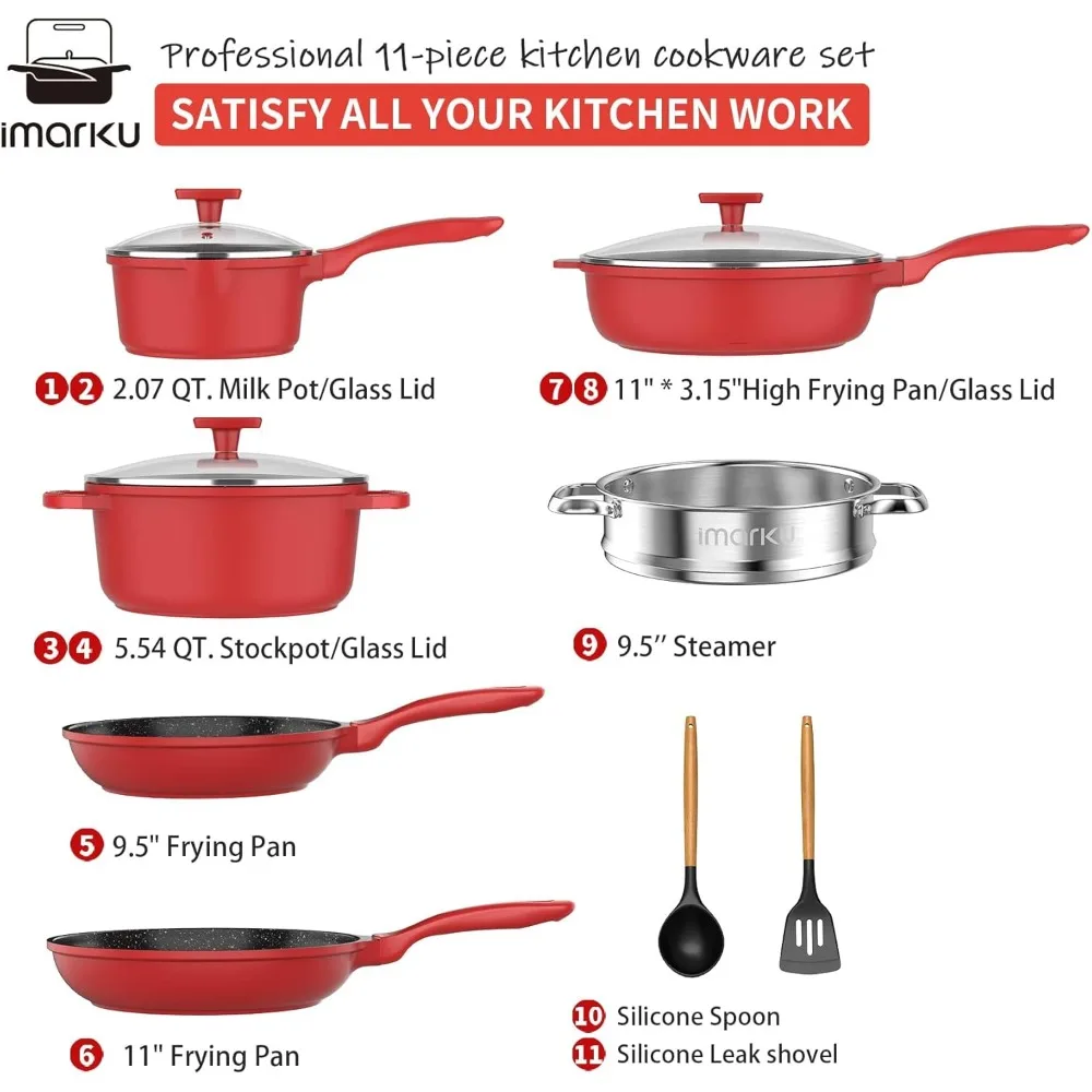 Pots and Pans Set,11PC Kitchen Cookware Set Nonstick, Cooking Pot Pan Set ,PFOA Free Pans Set with Granite Coating,Red