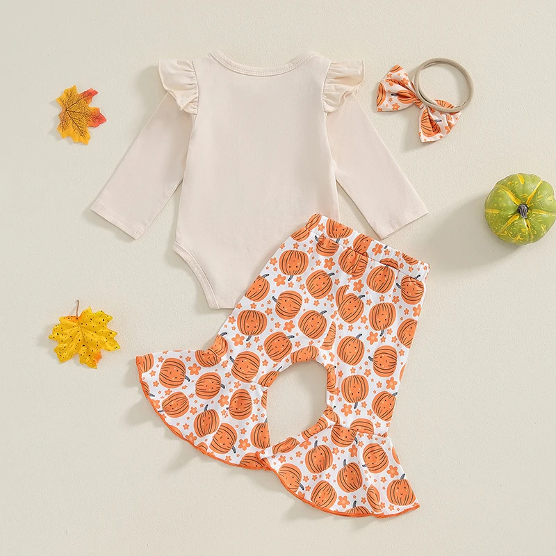 2024-06-14 Lioraitiin 0-18M Baby Girls Fall Outfit, Long Sleeve Romper with Pumpkin Print Flare Pants and Headband Halloween Set