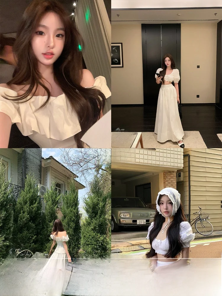 

Fanyan nut adow White Sand One-oulder Bubble Sve Women's irt f-Skirt Tee-Piece Set Korean Sle Commute Wind