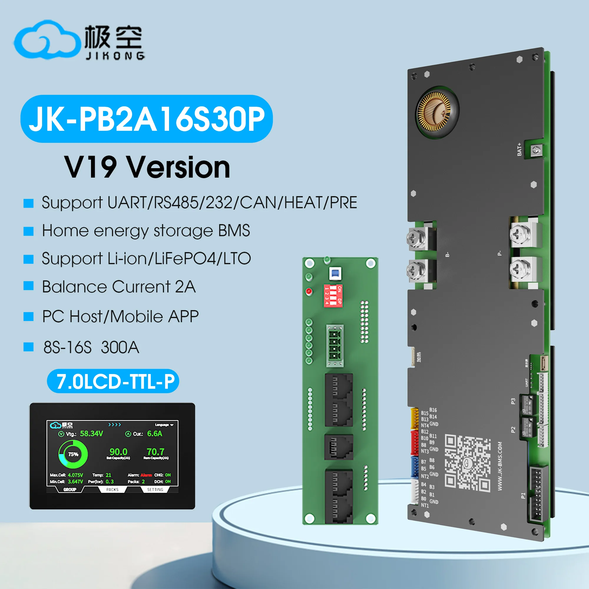 JK BMS 300A 16S 48V PB2A16S30P Bluetooth Parallel heating Active Balanced Current 2A Lifepo4 lithium-ion Battery JIKONG BMS V19