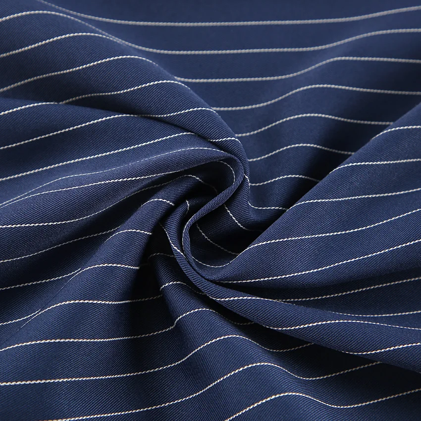 Tela a rayas para traje azul profundo, tela para traje de poliéster, falda y pantalones con drapeado, costuras diagonales, tela para ropa a medida