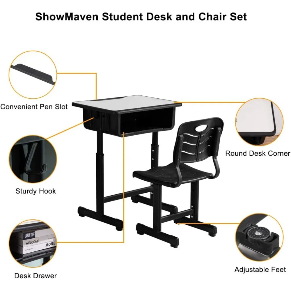 Juego de escritorio y silla para estudiantes con cajones, ranuras para lápices y ganchos para el hogar, escuela y entrenamiento, escritorio y silla