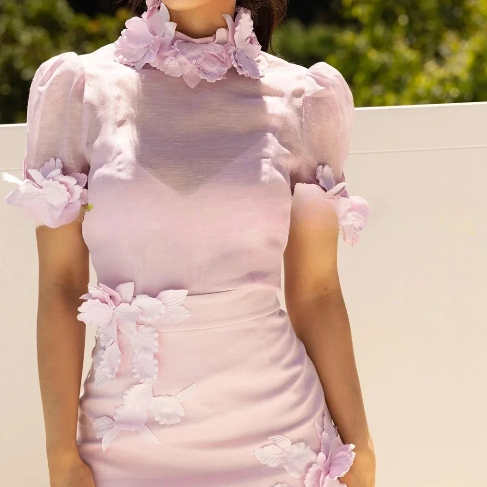 Robes mère de la mariée rose clair élégantes, avec fleurs faites à la main, col haut, manches courtes, robe de soirée droite, personnalisée