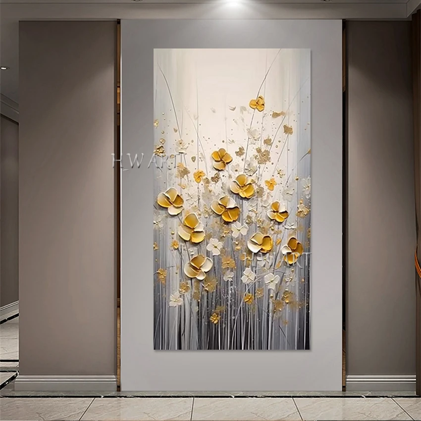 Knife Oil Paintings, Abstract Flowers Art Picture, Canvas Scenery Design, Frameless, Sleeping Room Decor Wall, Gold Foil Design