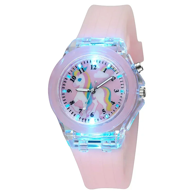 Bebê dos desenhos animados unicórnio crianças relógios meninas brinquedos pulseira de silicone flash luz crianças relógio de pulso de quartzo reloj infantil