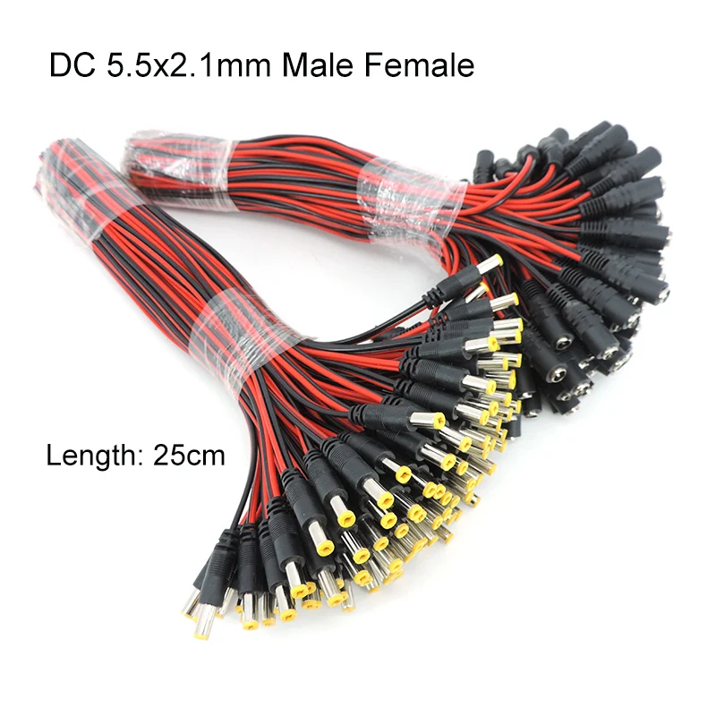 50szt 5.5x2.1 mm DC męska wtyczka żeńska DC Power Pigtail Cable Jack do złącza kamery CCTV Przedłużenie ogona 24V DC Przewód M20