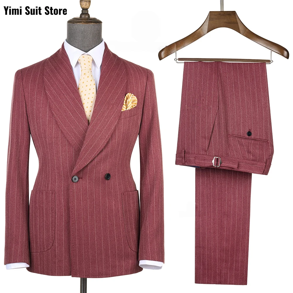 

Red Pinstripe Men Suits 2 Pieces Shawl Lapel Double Breasted Wedding Tuxedo Office Business Blazer Set Jacket+Pants Customized