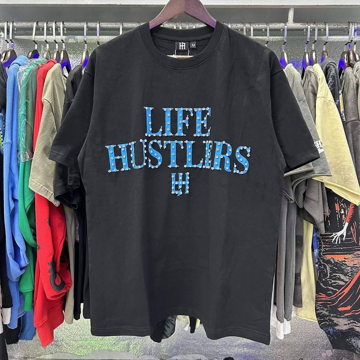 Life Hustlers American T-shirt - Short Sleeve Engraved with Diamonds Glittering Beads Simple and Casual Trendy