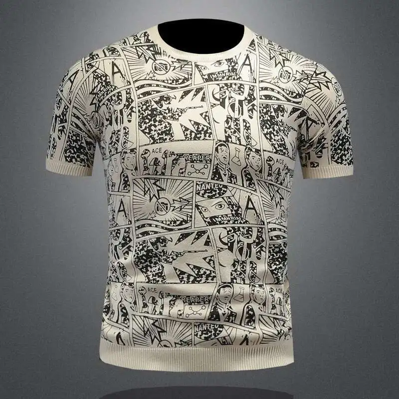 Cartoon Pattern Short Sleeve T-shirt Top Quality Fashion Slim Bottomed Shirt Streetwear Letter Print Knitted Sweater Tshirt Male