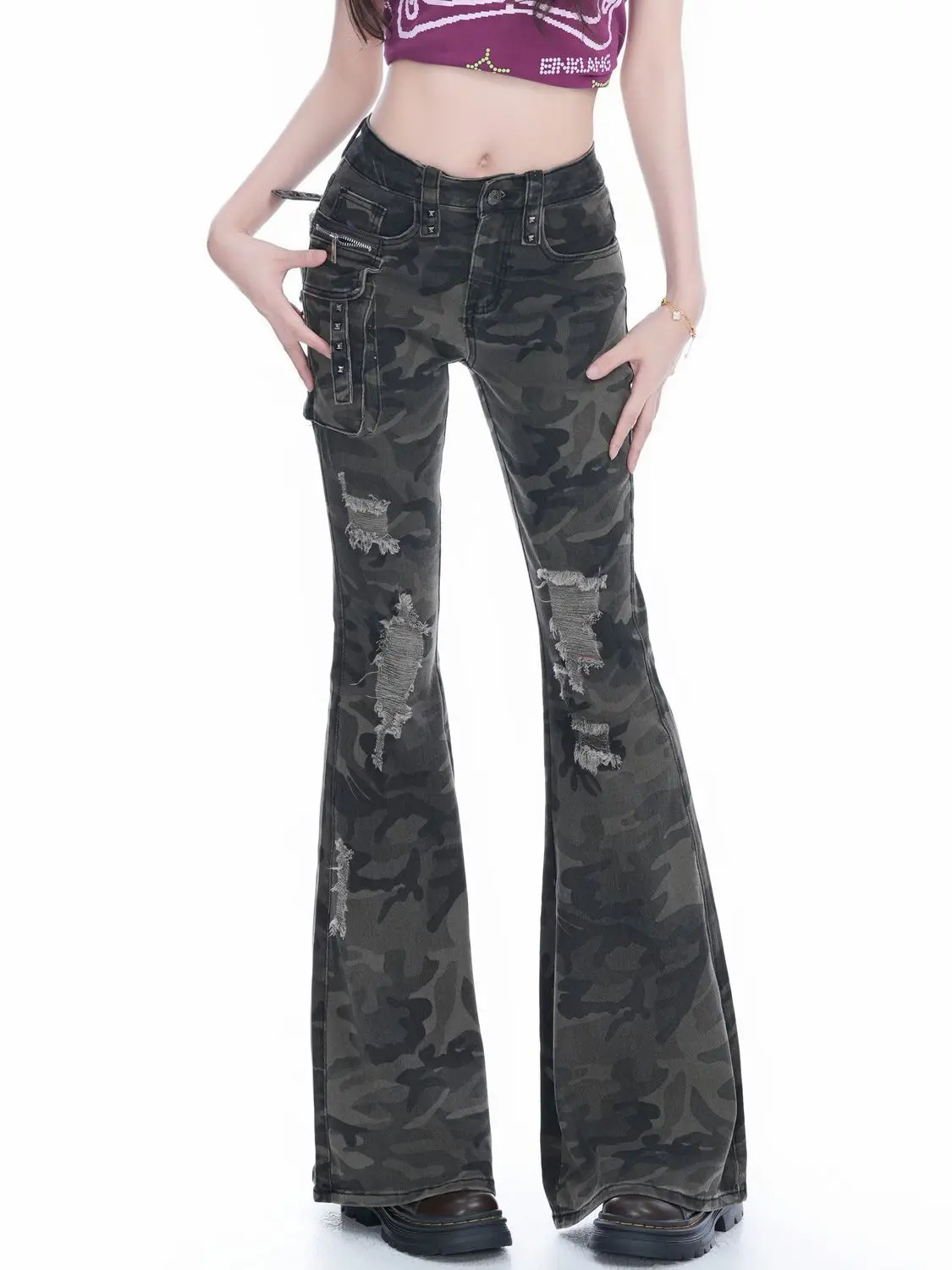 

Женские винтажные камуфляжные рваные джинсы-карго с низкой посадкой, осень 2023, джинсовые брюки в стиле Харадзюку, брюки-клеш Y2k в стиле гранж