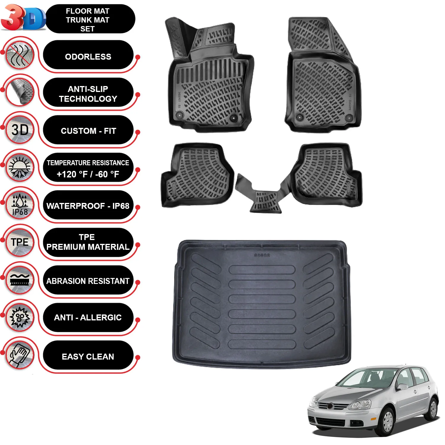 Volkswagen Golf 5 - (2003-2010) - Floor Mats + Cargo Trunk Liner - SET - (Black)