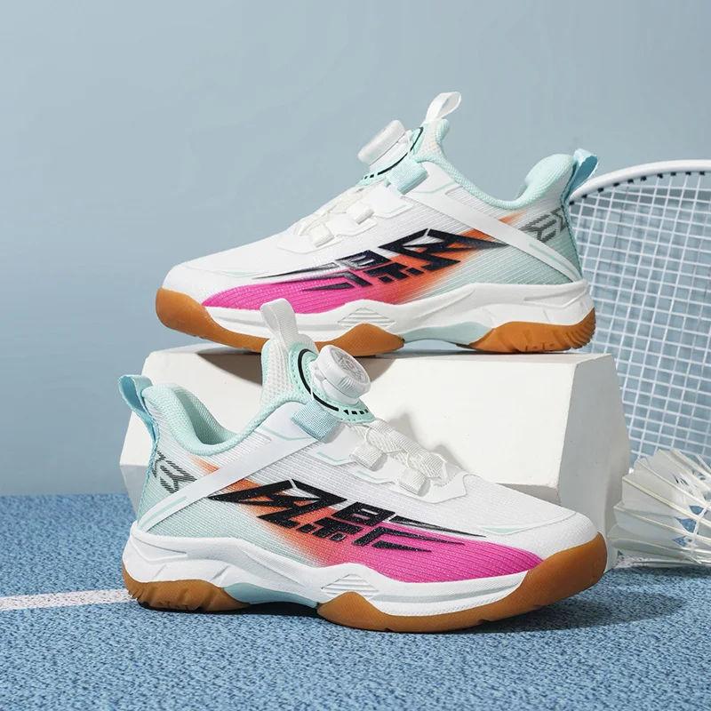 Children Anti Slip Tennis Shoes Rotary Button Mesh Breathable Girls Indoor Badminton Training Sneakers