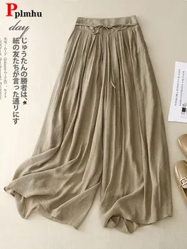 韓国コットンリネンひだキュロットパンツカジュアルだぶだぶの女性ハイウエストワイドレッグパンツヴィンテージ薄い足首までの長さのパンタロン新しい