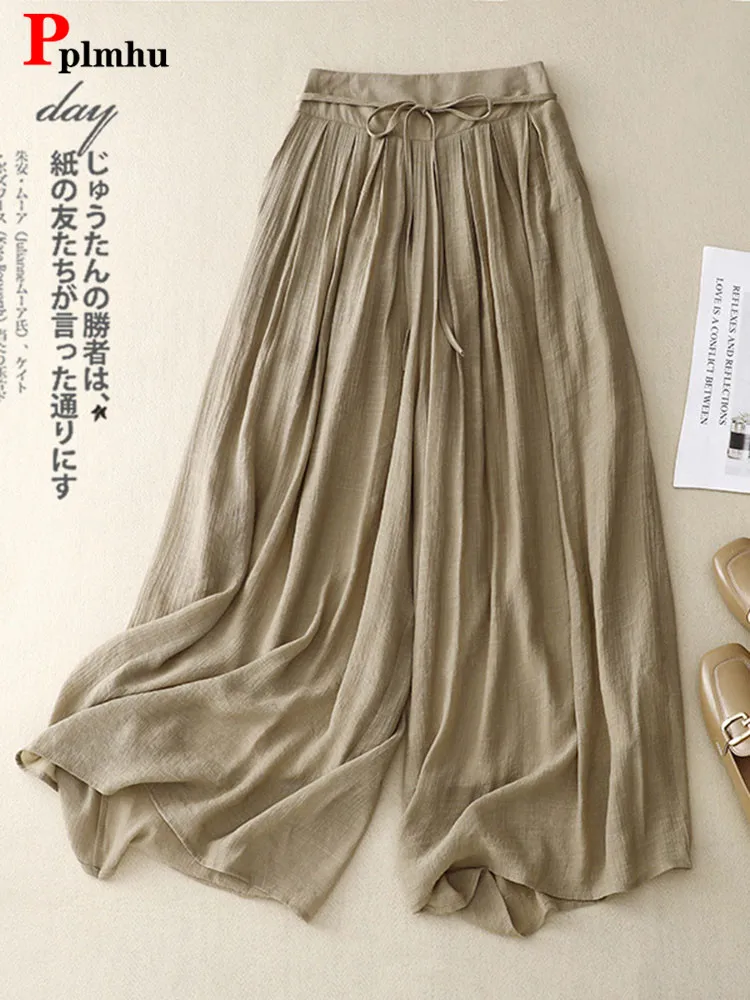 Koreańskie bawełniane lniane fałdy spodnie Culotte Casual luźne damskie spodnie z szeroką nogawką z wysokim stanem Vintage cienkie spodnie do kostek nowość