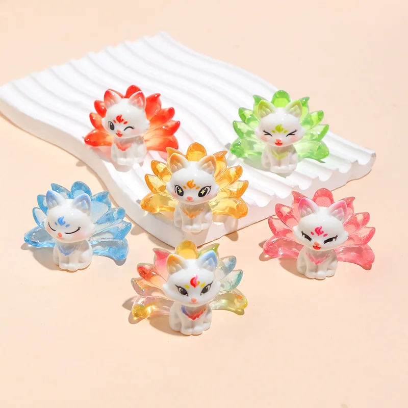 6Pcs Cute Nine-tailed Fox Resin Charms Cartoon Animal Figurines DIY Keychain Pendants Mini Desktop Car Ornaments Craft Supplies