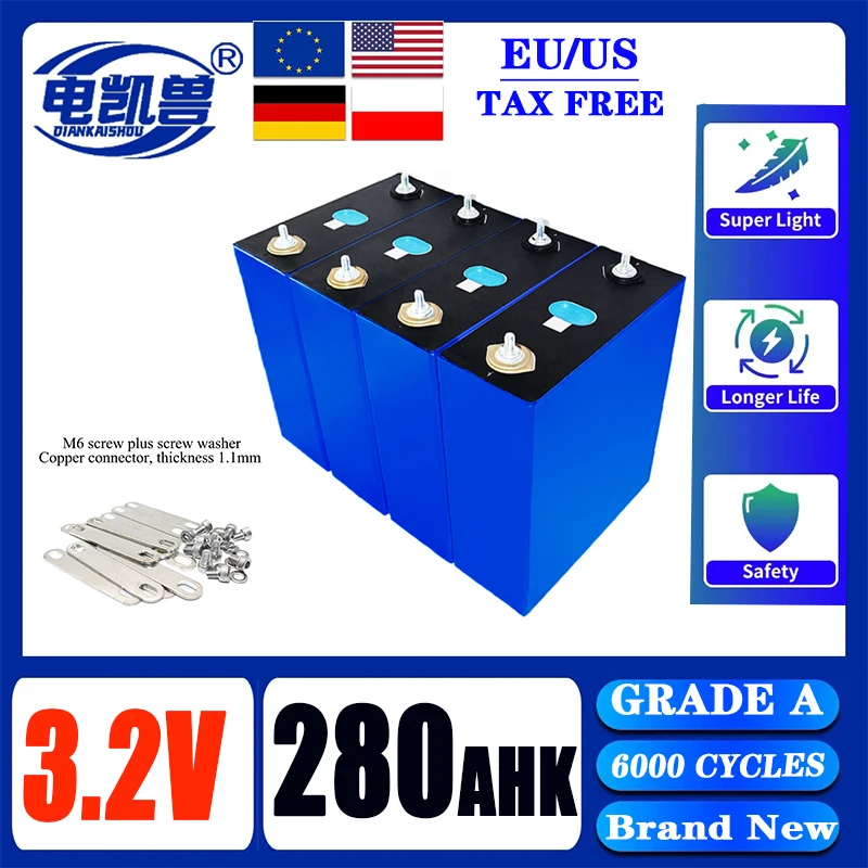 

New original 280Ah LiFePO4 battery A-grade 3.2V 6000 cycles DIY12V 24V golf cart, caravan, yacht solar system EU/US tax-free