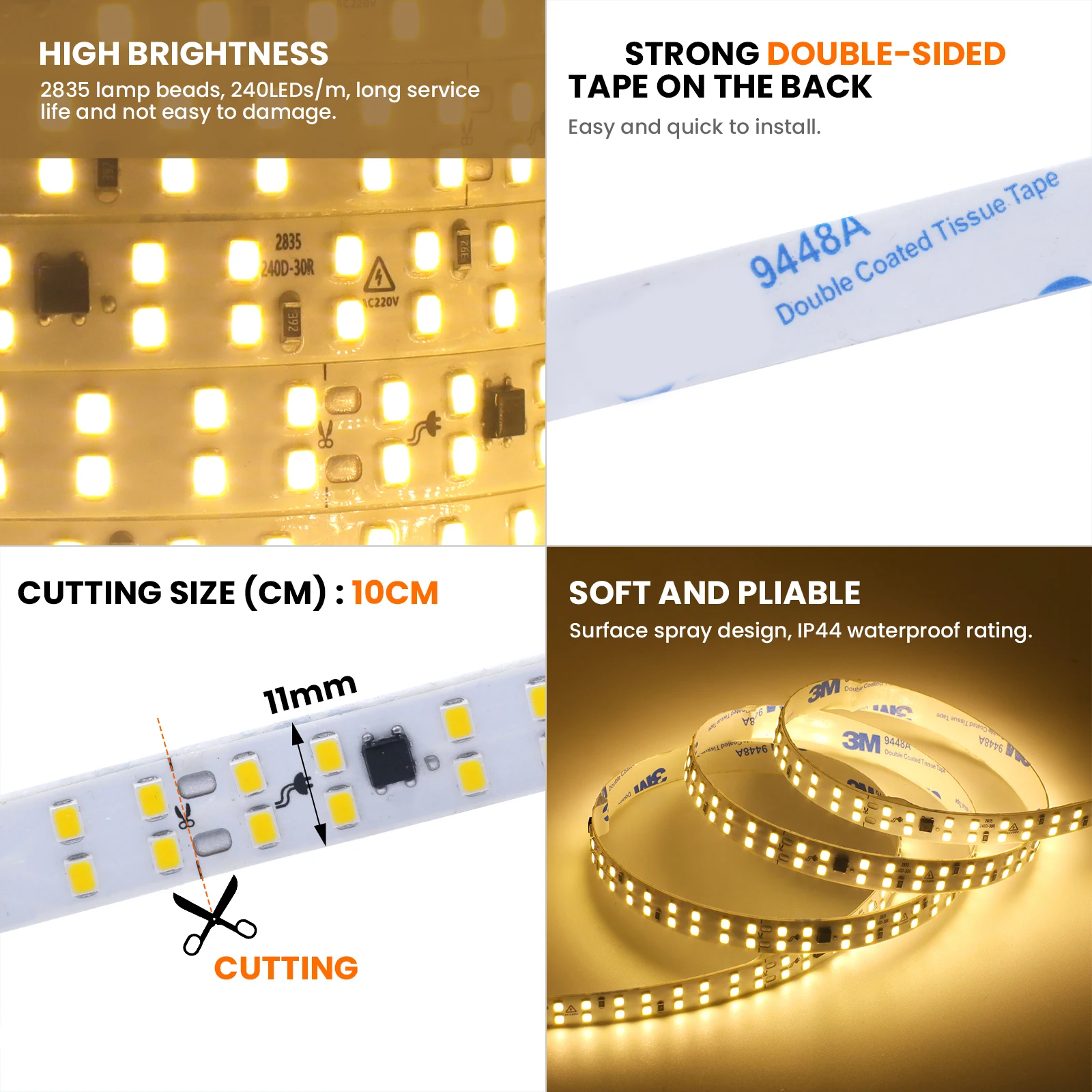 10M 20M/Roll AC 220V 240V LED Strip 240Leds/M 3000K 4000K 6000K Ice Blue/Yellow Home Decoration Flexible Ribbon Rope Tape Light