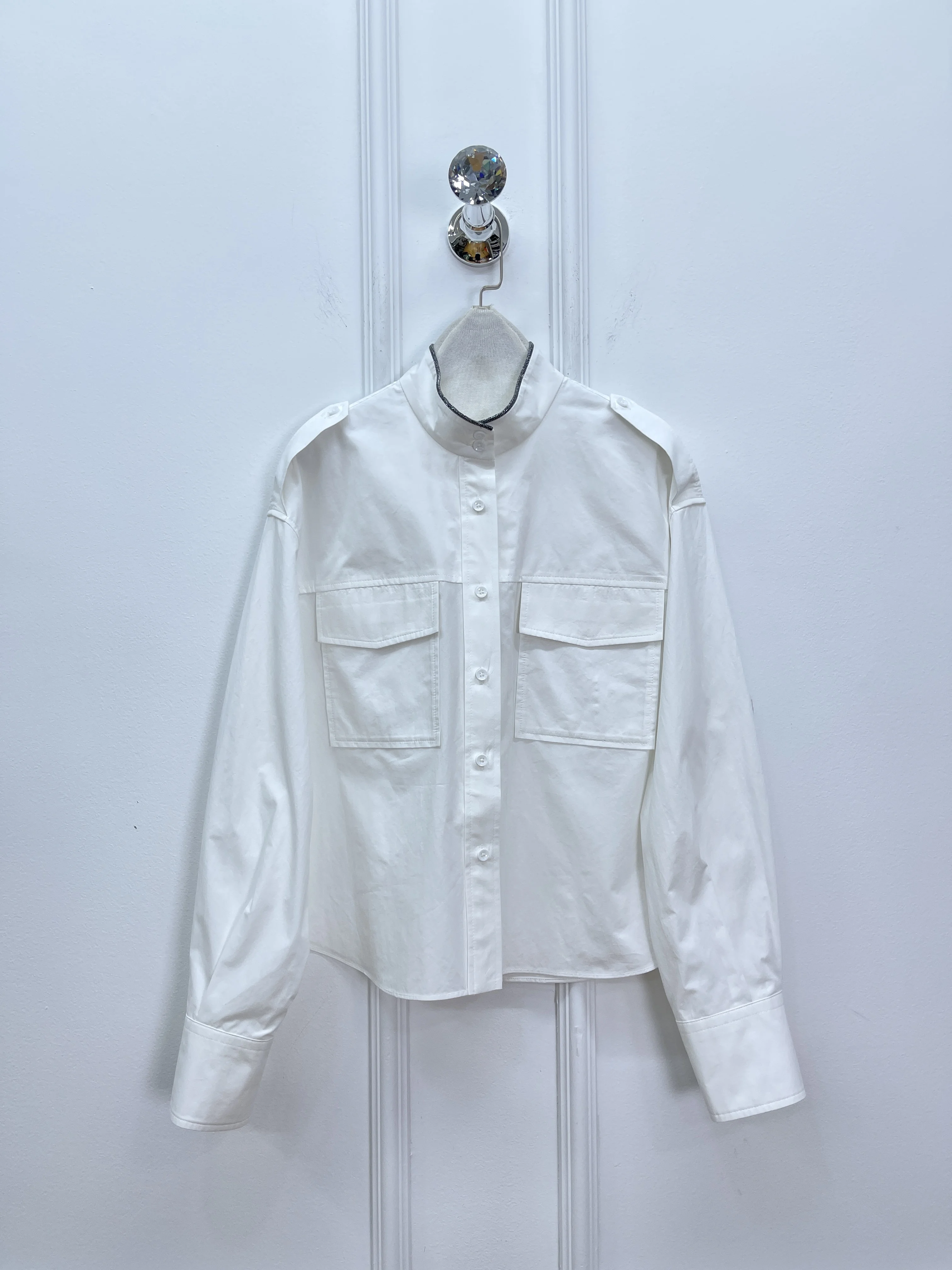 

High-Quality Heavy-Duty Beaded Single-Breasted Cotton Shirt For Women, Business-Style Casual Long-Sleeved White Shirt