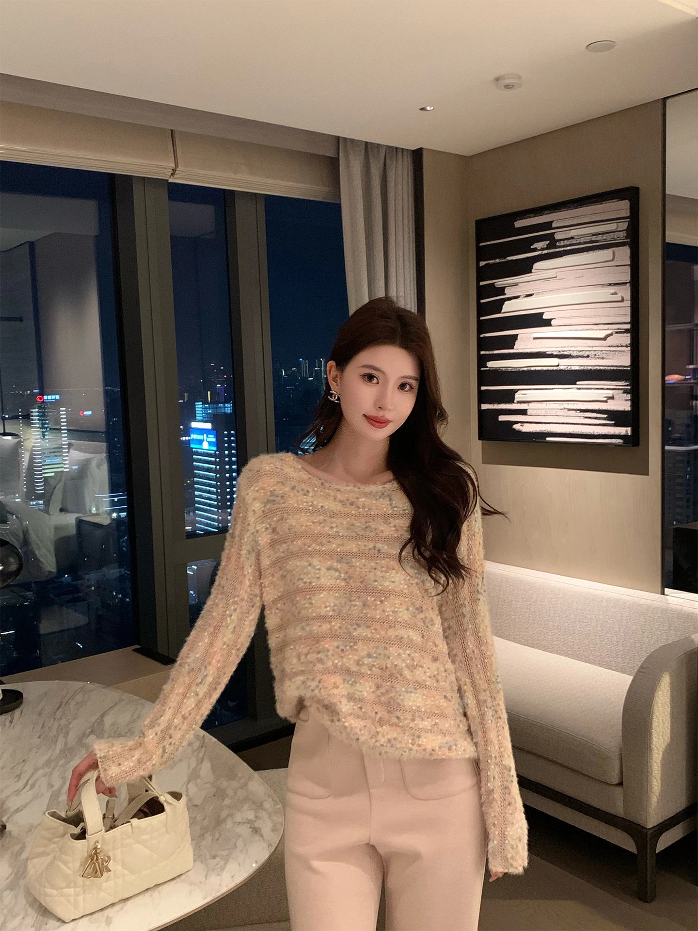 

Kun Total Women's Knitted Base irt Hollow out Design Pink Korean Sle Inner Wear Loose Fit Long Sve Regular Length