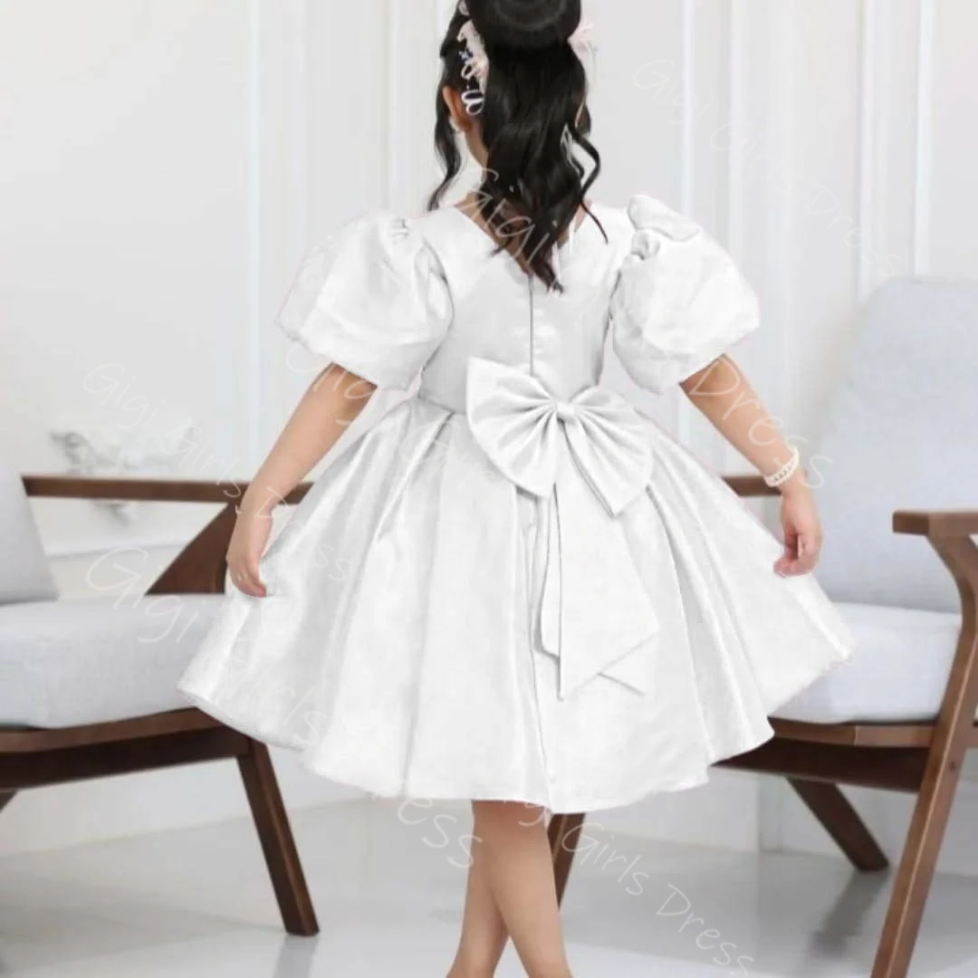 فستان بناتي وردي للحفلات بأكمام منتفخة بطول الركبة فستان فتاة الزهور لحفلات الزفاف 2-14 فستان الأميرة للأطفال مع فيونكة مخصصة #4