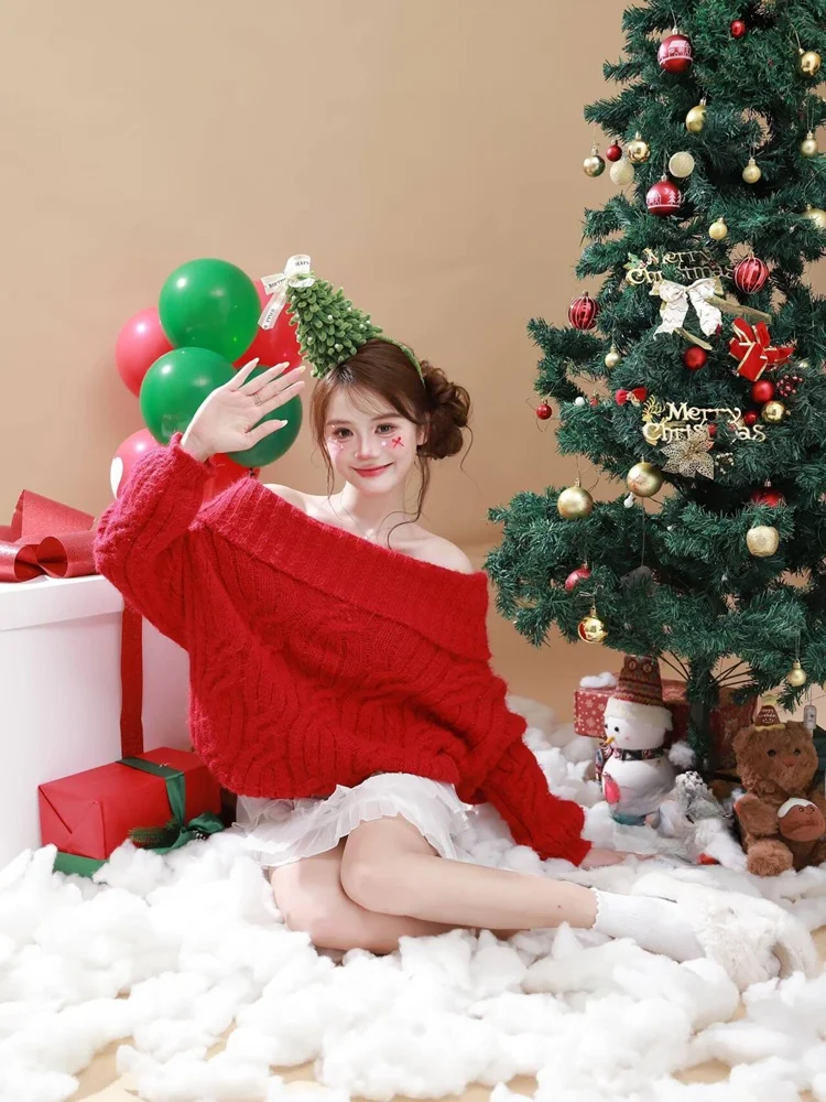 

Red Sweater Art Photo Personal Portrait Korean Style Studio Christmas Theme Autumn Winter New Arrival Fashion Ladieswear