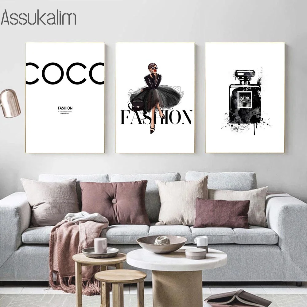 Black and White Wall Art Perfume Fashion Girls Wall Art Makeup Lipstick Wall Paintings Art Prints Nordic Poster Bedroom Decor