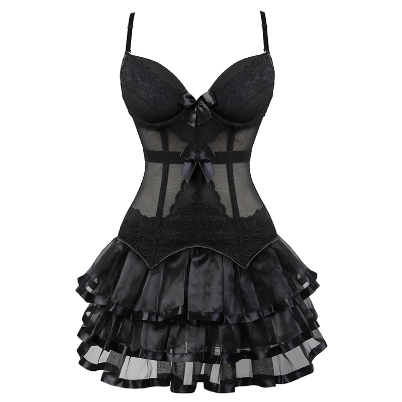 Burlesque Corset Dresses for Women Plus Size Sexy Corset Lingerie Top With Cup Black Sexy Lace Corset Dress With Straps