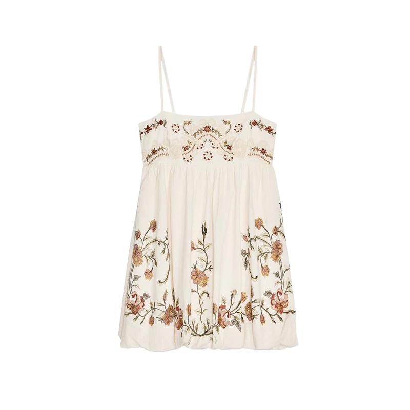 Été nouvelles femmes vacances Sle col droit Svel sangle brodée ort Dr taille haute Vintage imprimé décontracté Dr