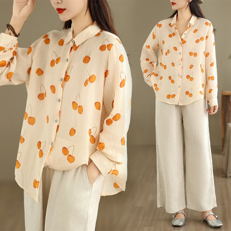 ربيع الخريف القطن الخالص المطبوعة خفيفة الوزن طويلة Sve فضفاضة irt Quali سترة مفتوحة Fre Airy Sle للتنقل