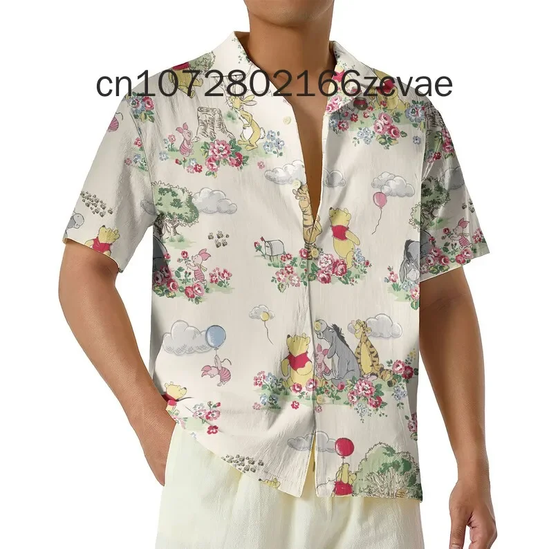 Disney-camisa havaiana masculina e feminina de urso Pooh, camisa de manga curta de botão, moda casual infantil