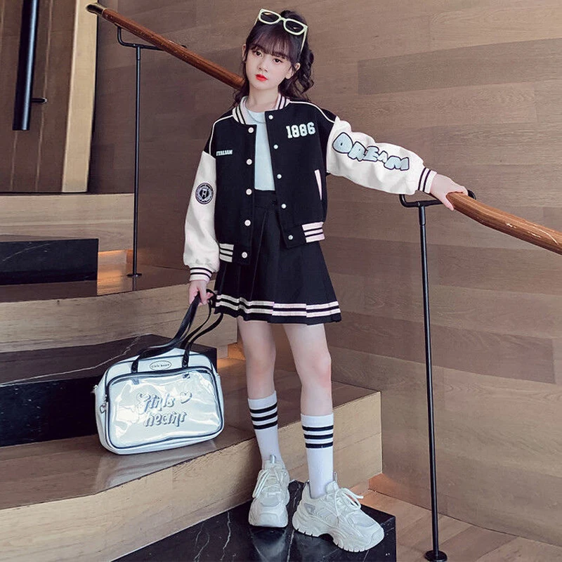 4 5 6 8 10 12 14Y Junior Girls Baseball Suit Spring  Autumn Fashion Splicing Letters Print Coats+Pleated Skirt 2Pcs Student Set