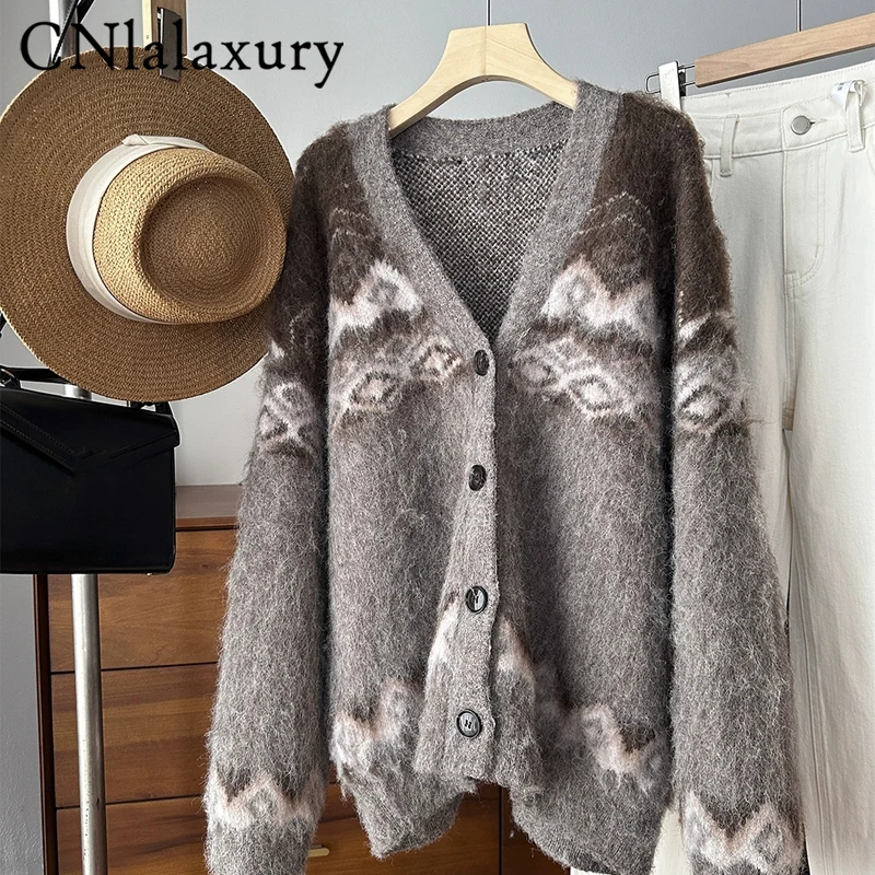 Women's Thick Knit Jacquard Cardigan Coat - V-Neck Loose Fit