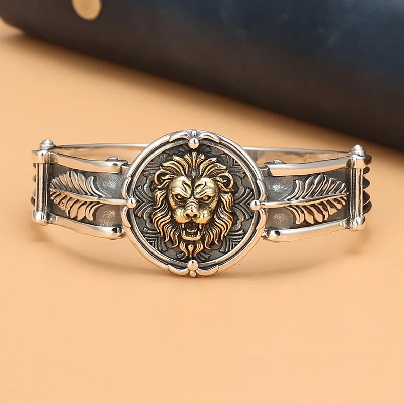 

S925 Sterling Silver Lion King Men's Punk Style Bracelet Vintage Old Silver Bracelet Original Design Trendy Men's Silver Bracele